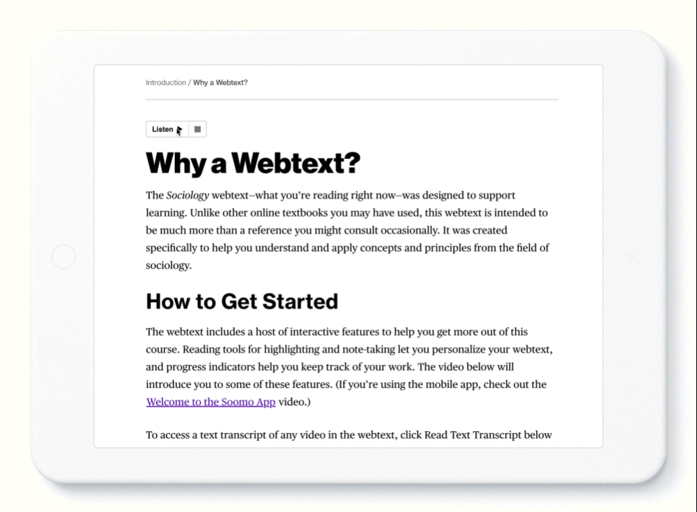 Tablet screen showing Read to Me in the new user interface.