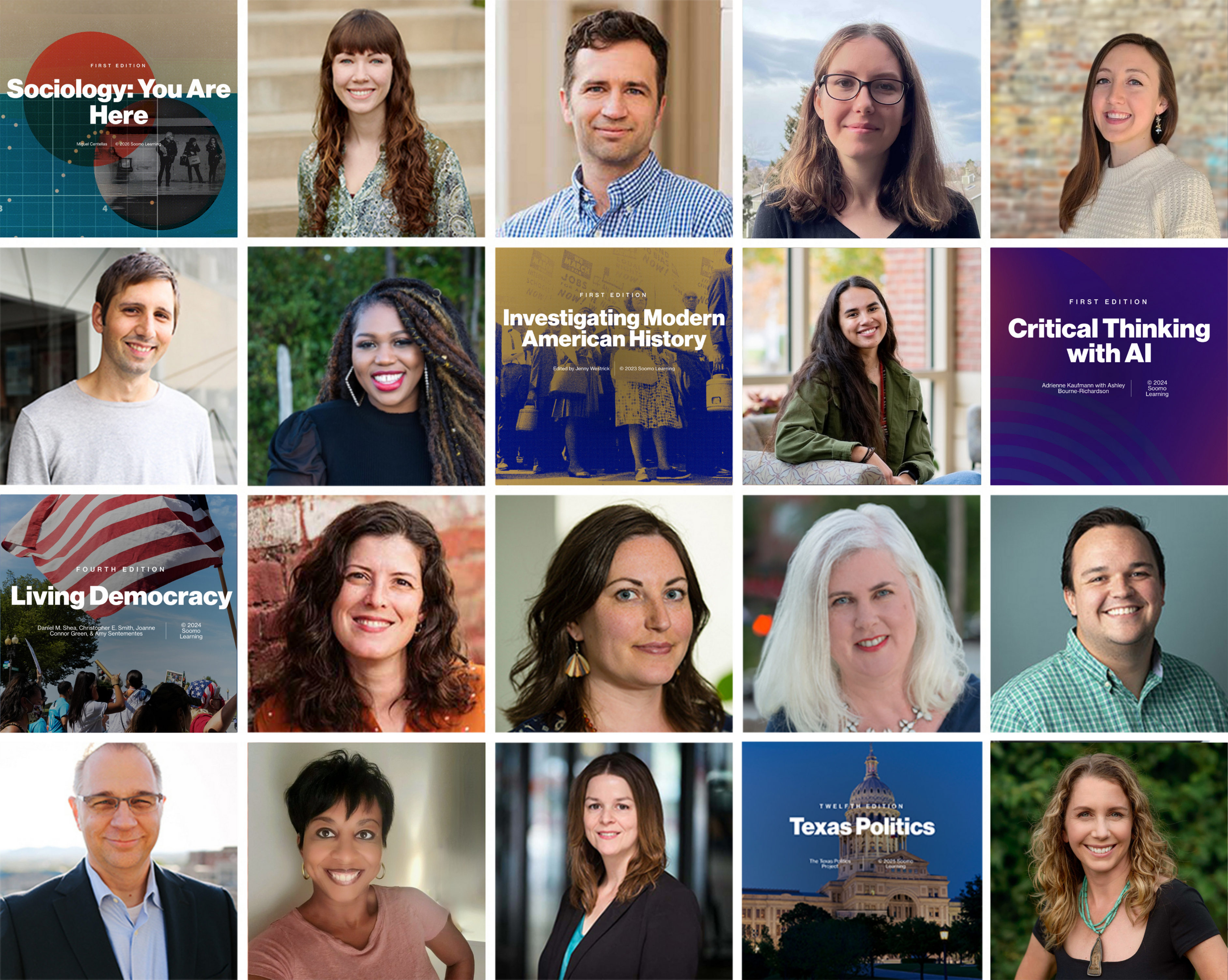 This collage of Soomo employees includes 15 headshots and 5 webtext covers.