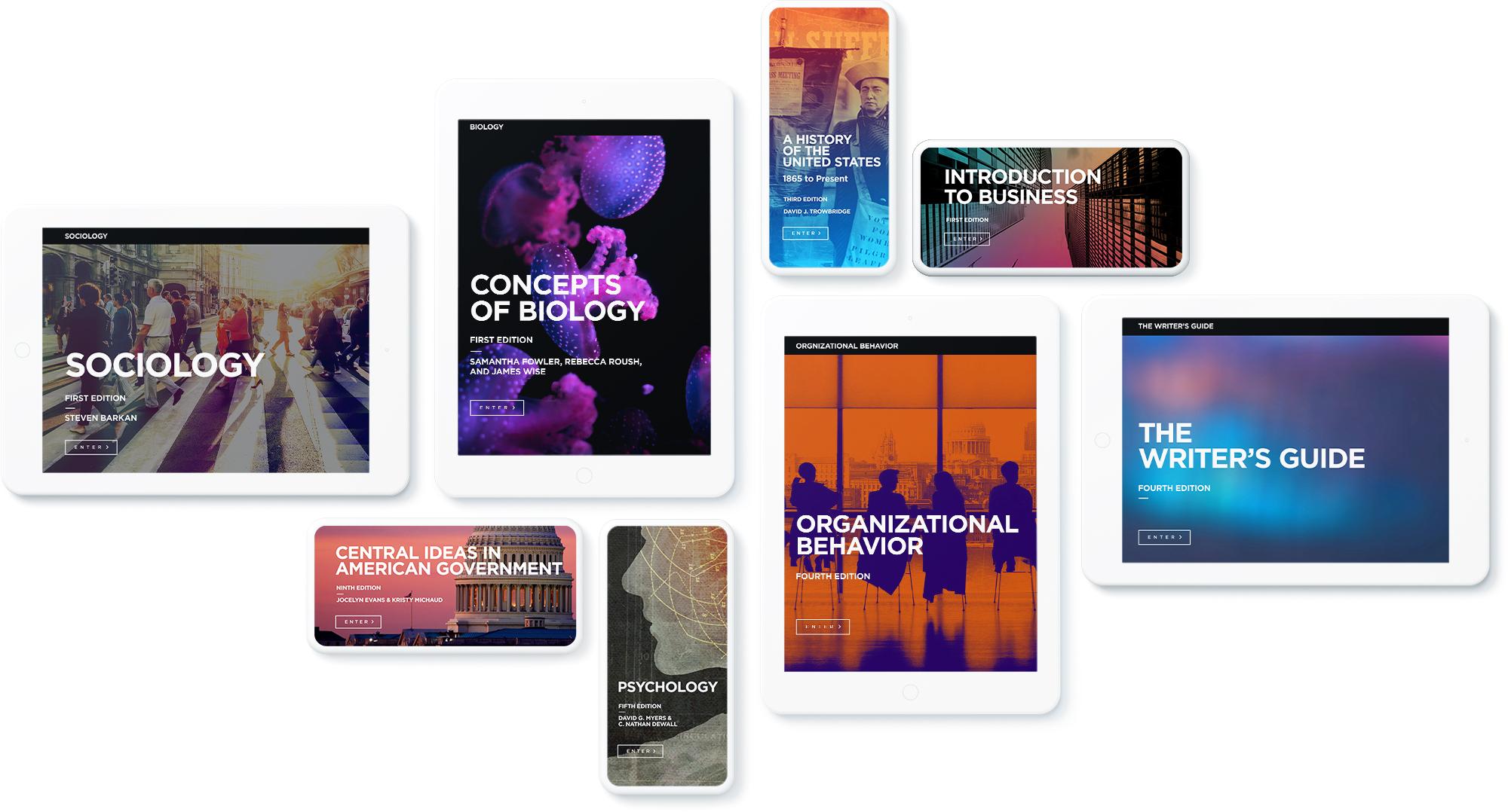 Devices displaying various Soomo courses: Sociology, Biology, American Government, Organizational Behavior, U.S. History 2, Intro to Business, the Writer's Guide, Psychology