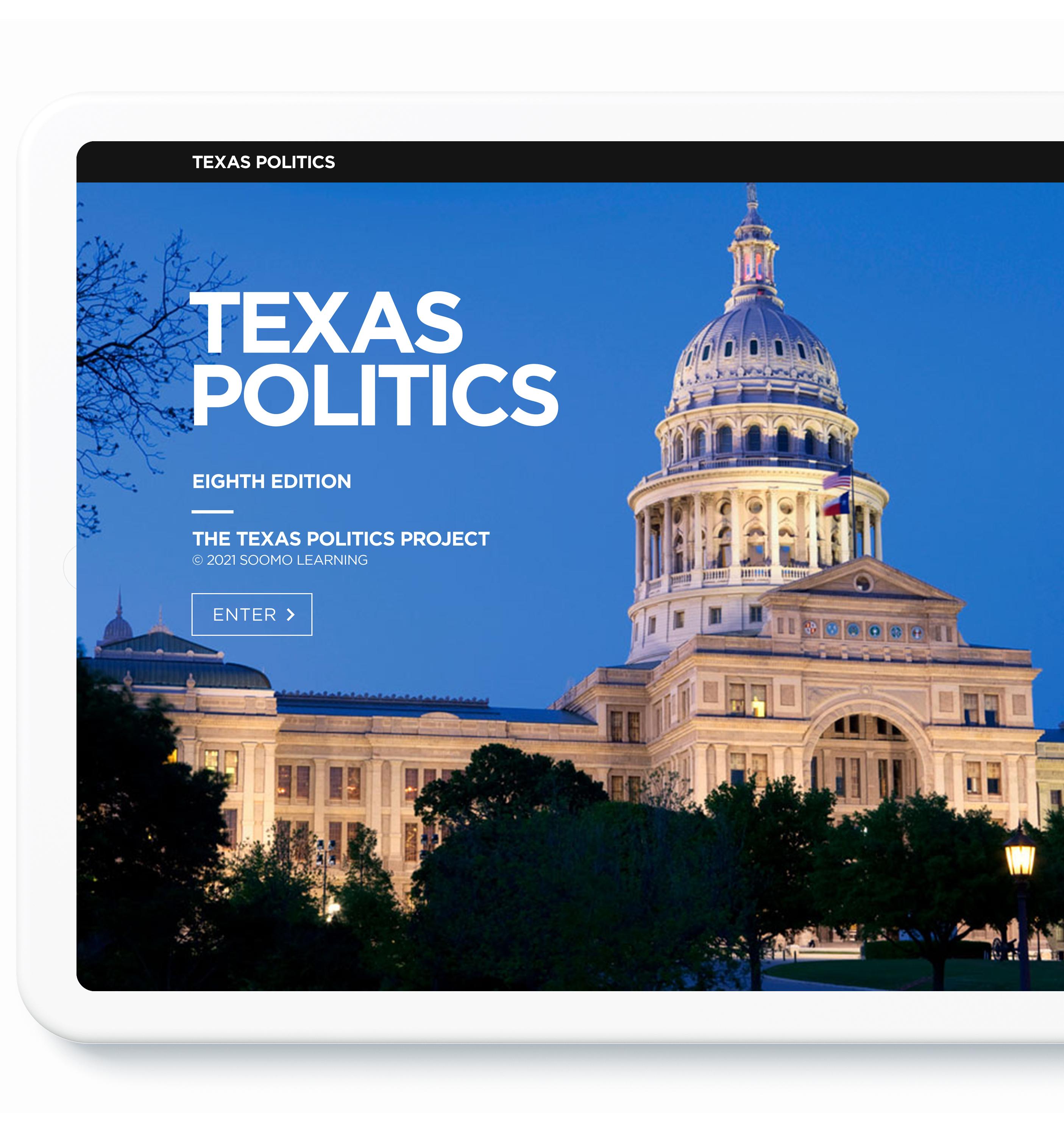 Tablet screen displaying Texas Politics cover